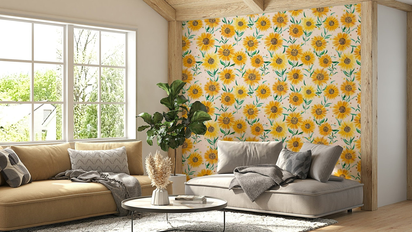 Cottagecore wall mural with blooming sunflowers

