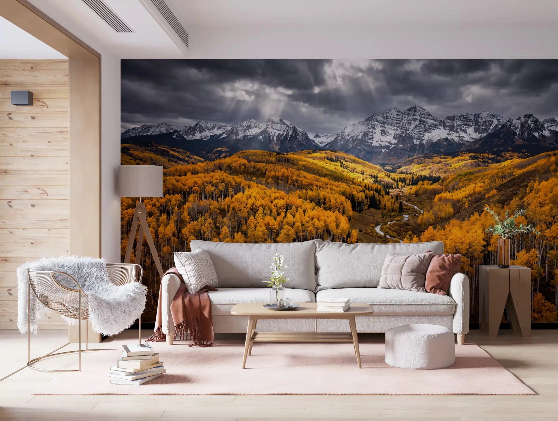 Living room wall featuring Sunlit Aspen Valley wall mural mountain landscape, GD9247