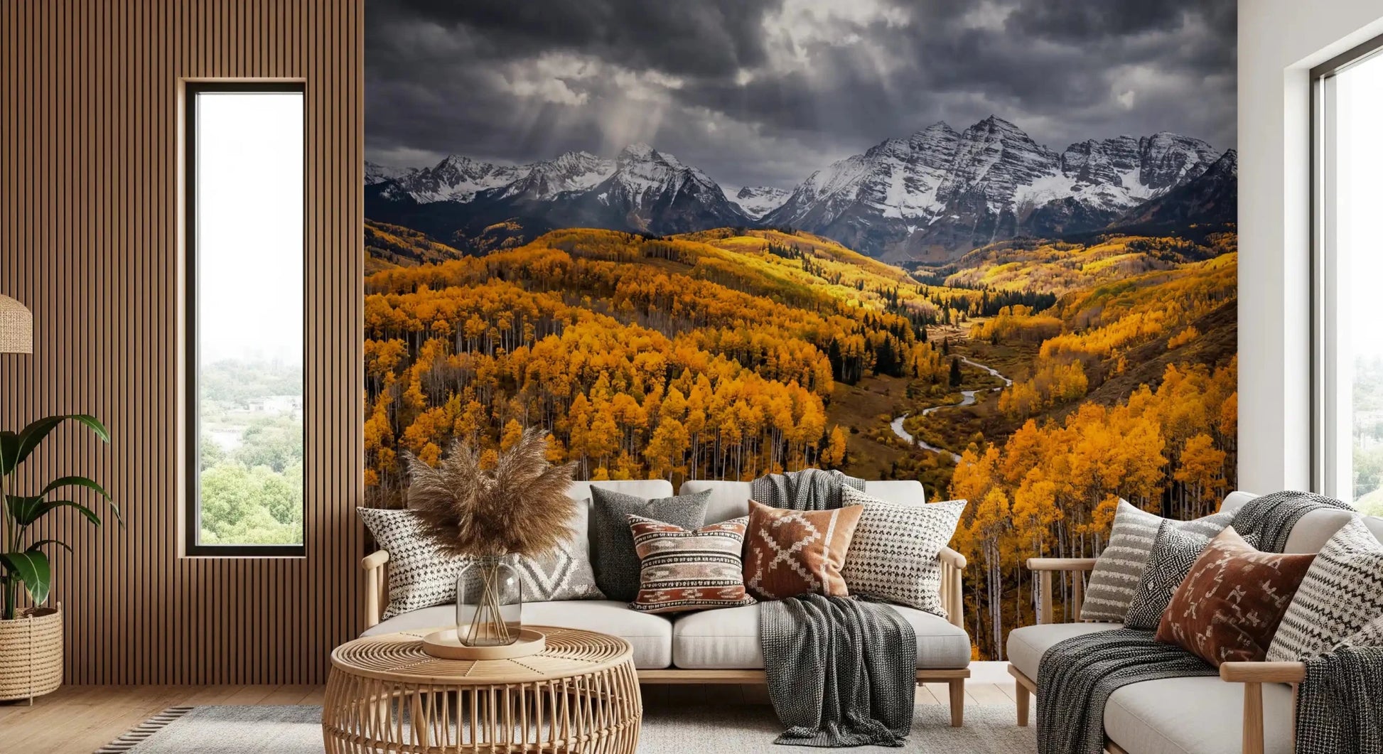 Sunlit Aspen Valley wall mural showing golden trees and mountain peaks, GD9247