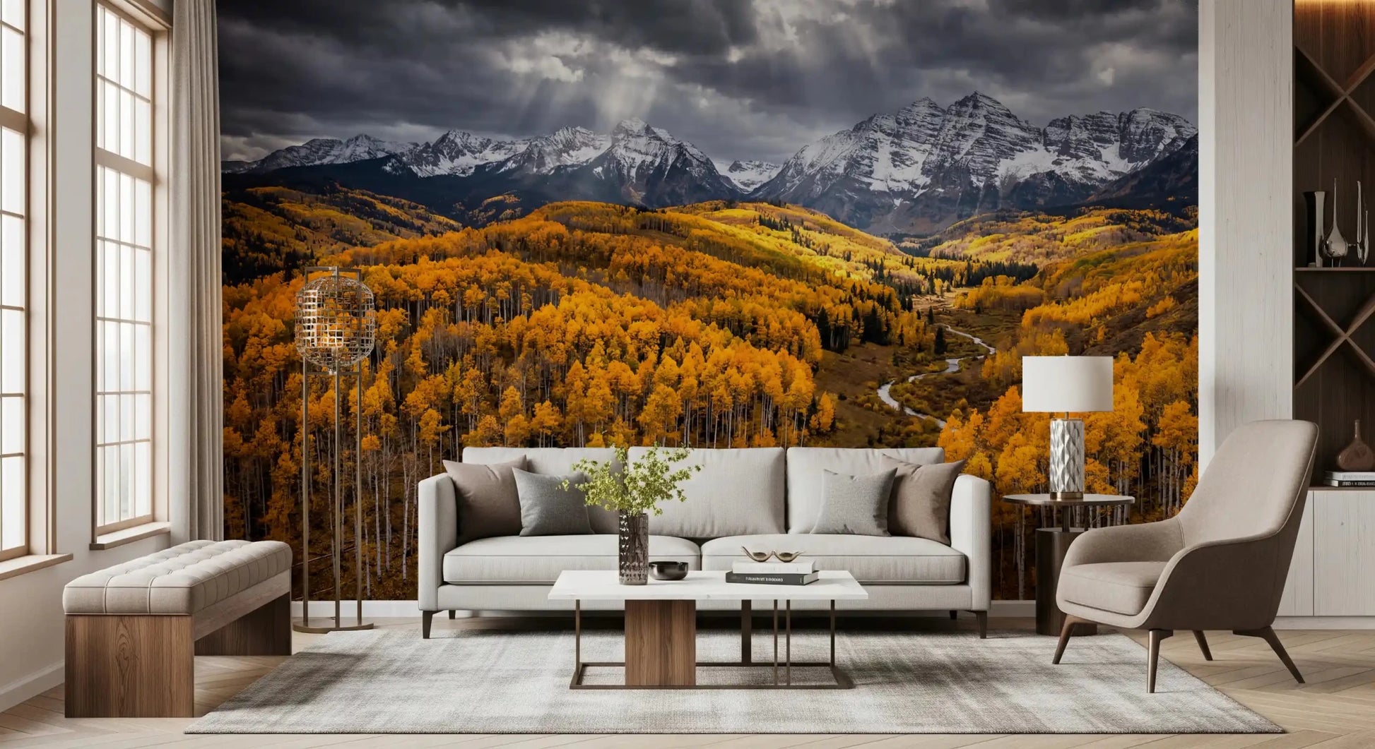 Living room styled with Sunlit Aspen Valley wall mural golden forest view, GD9247