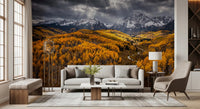 Living room styled with Sunlit Aspen Valley wall mural golden forest view, GD9247