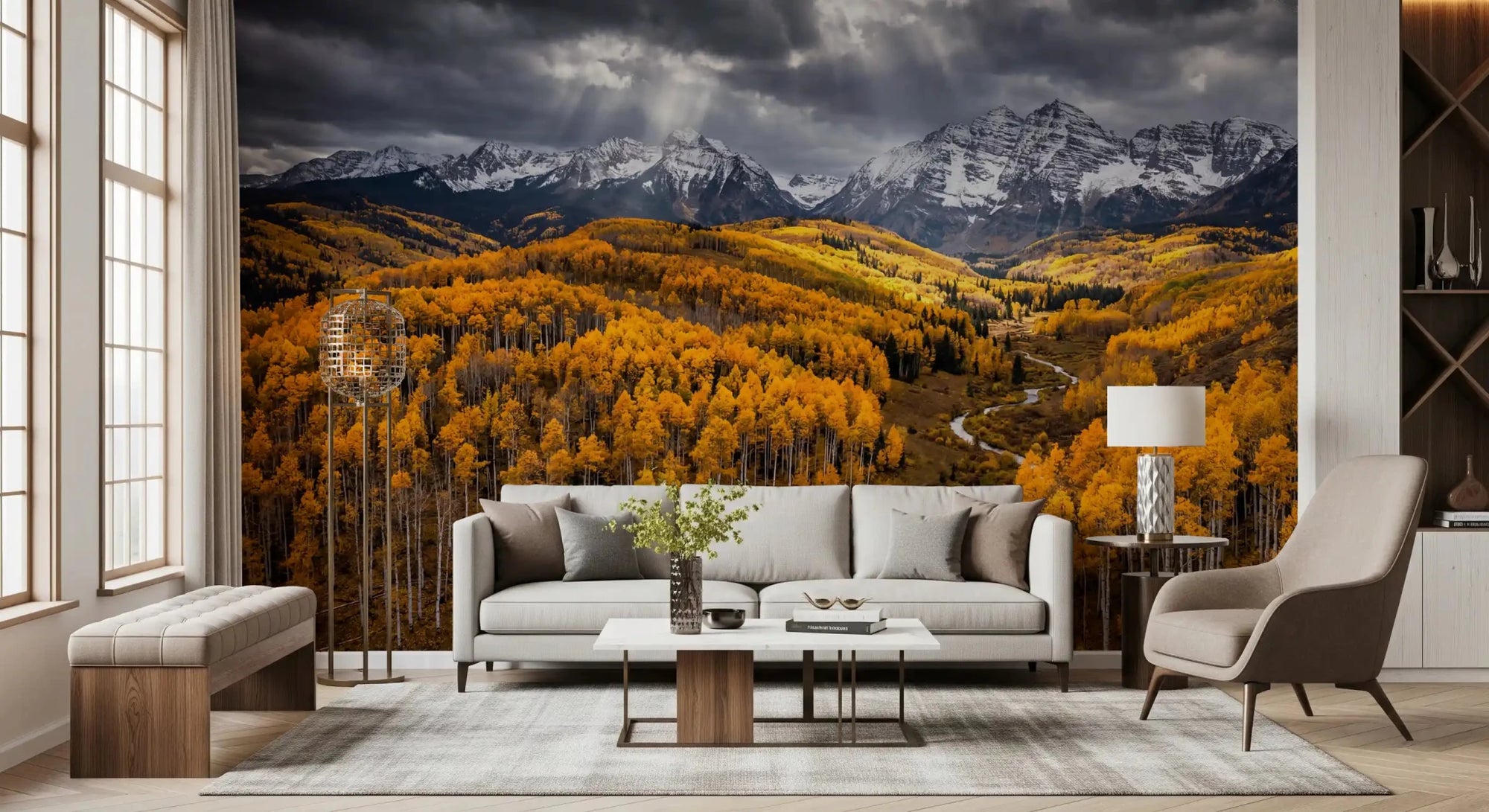 Living room styled with Sunlit Aspen Valley wall mural golden forest view, GD9247