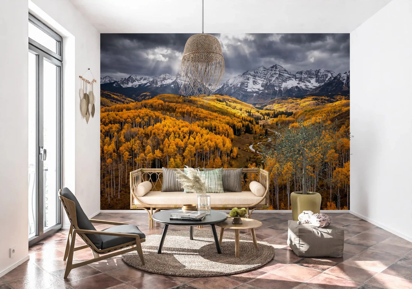 Sunlit Aspen Valley wall mural featuring winding valley and trees, GD9247