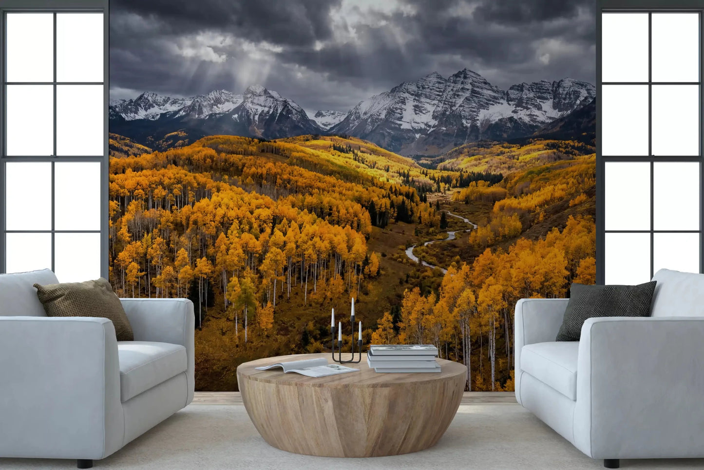 Autumn landscape wall mural with Sunlit Aspen Valley golden hills, GD9247