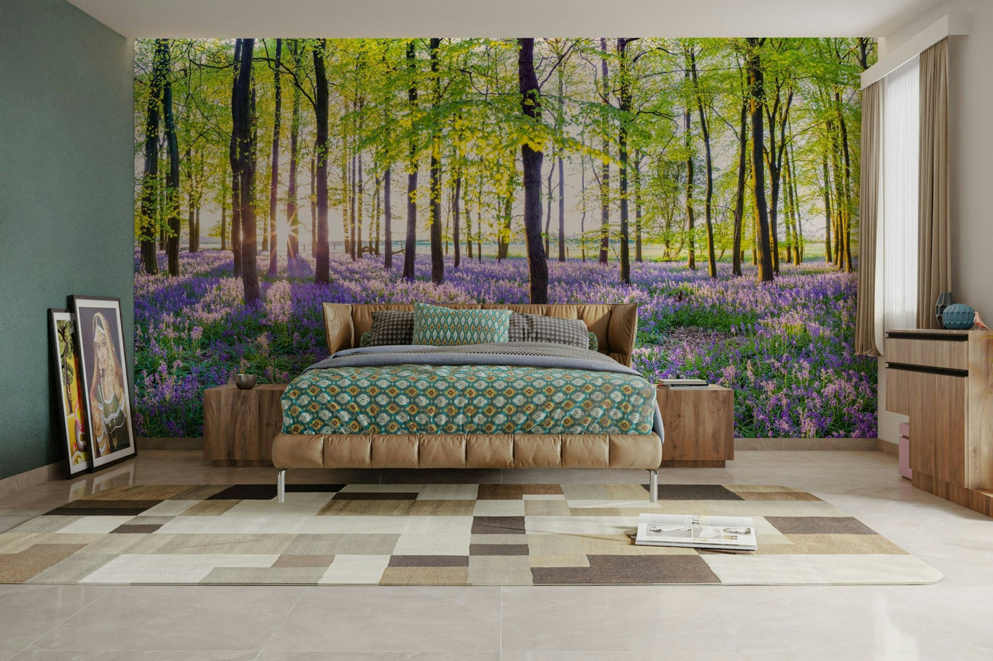 Spring forest mural with purple flowers

