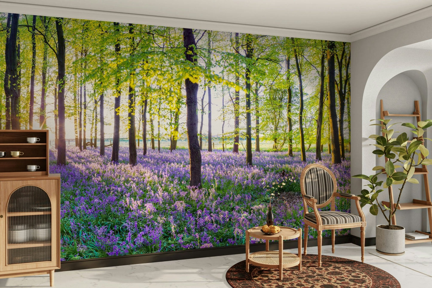 Sun-dappled woods with bluebells mural

