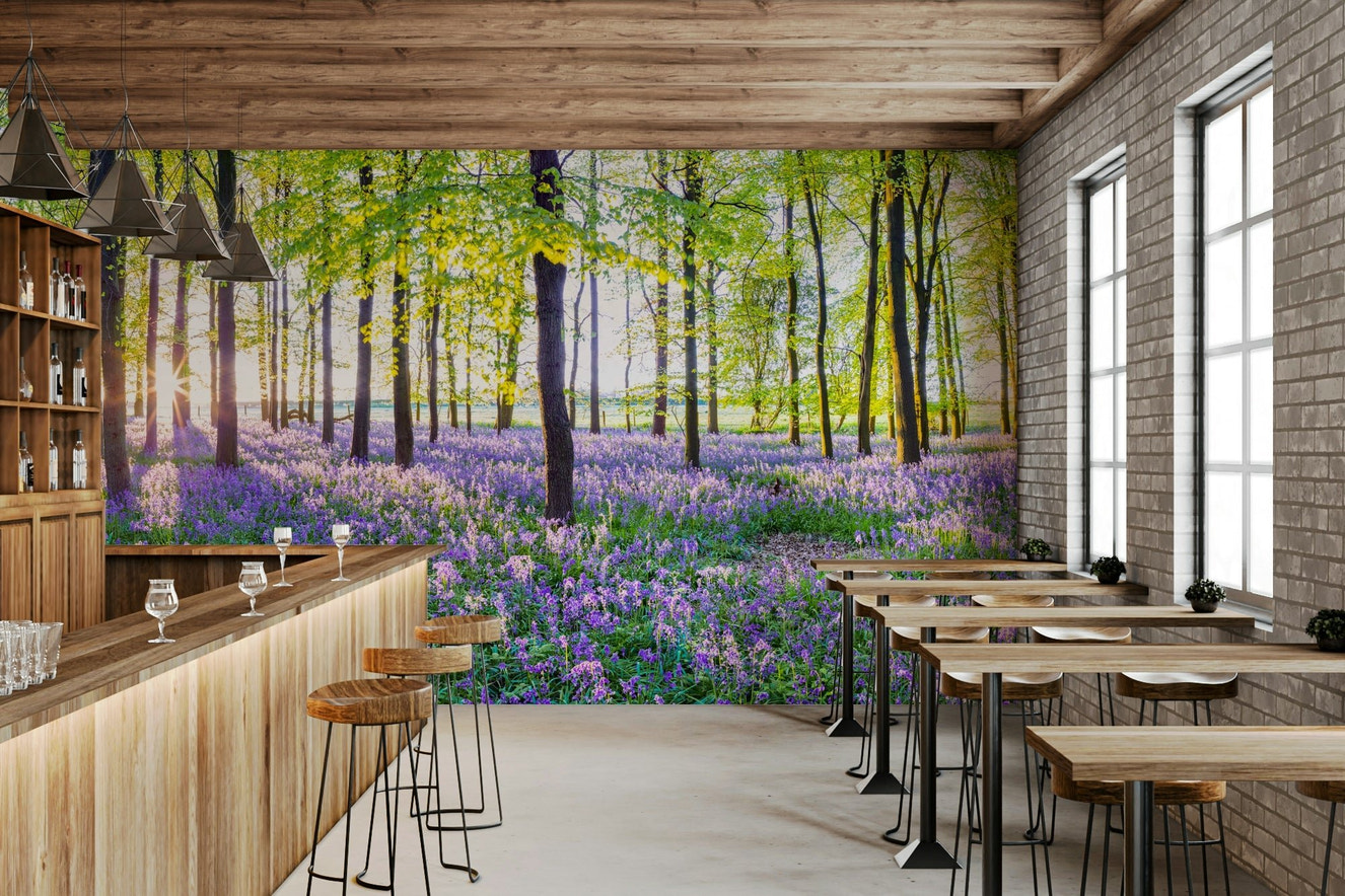 Forest mural with blooming bluebells

