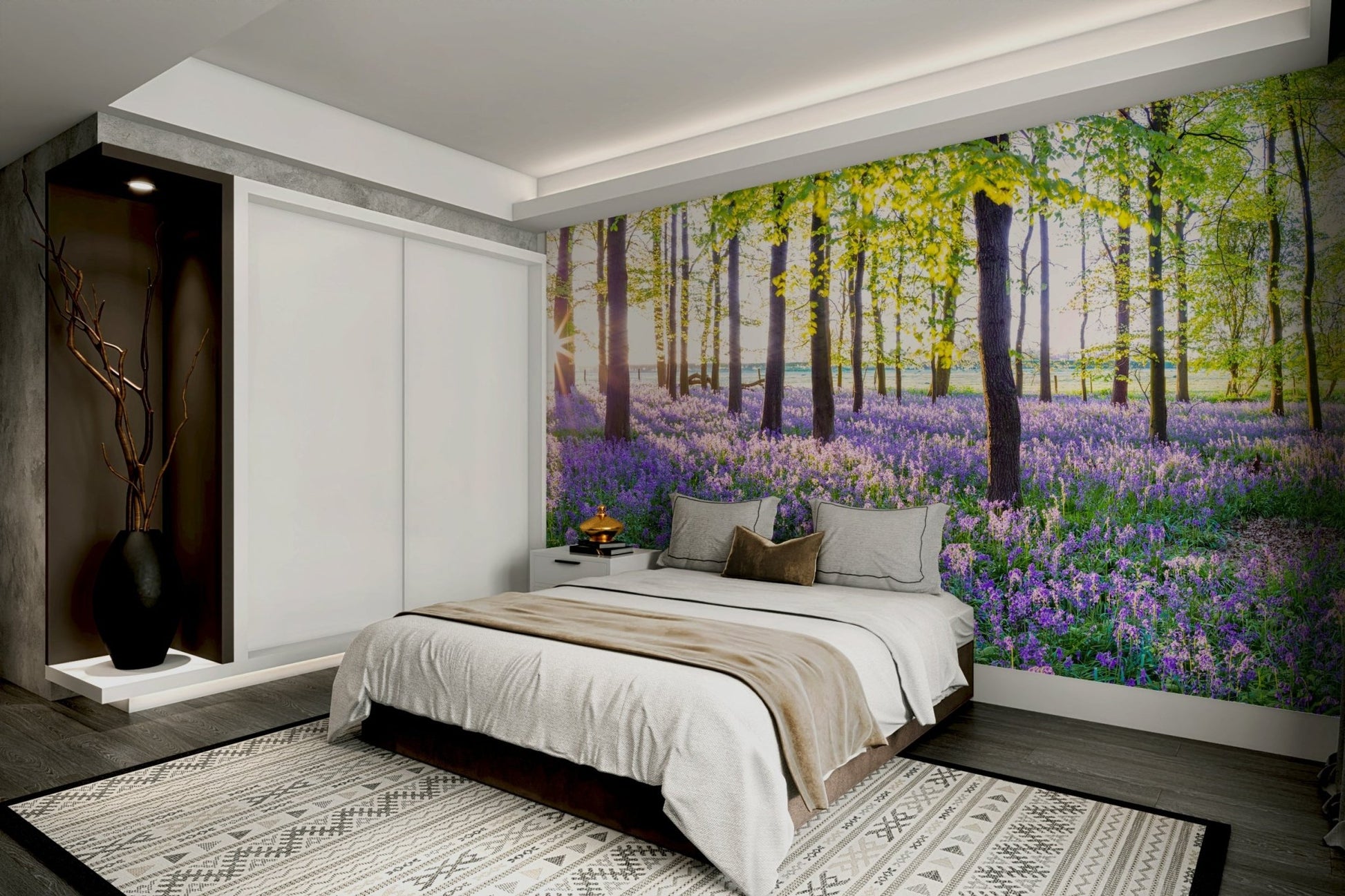 Peaceful woodland mural with sunlight

