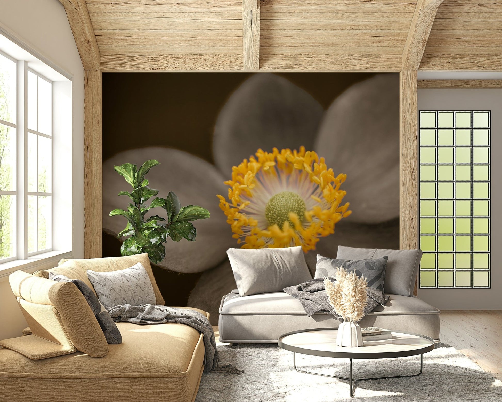 Sunlit Floral Essence nature inspired mural, detailed bloom art., GD7114