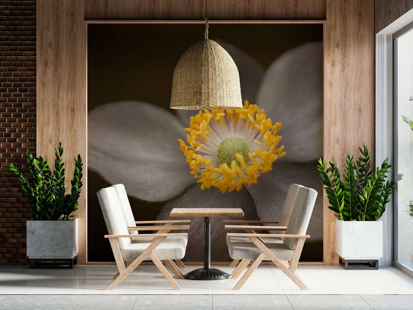 Sunlit Floral Essence designer wall paper, muted petals, vivid pollen., GD7114