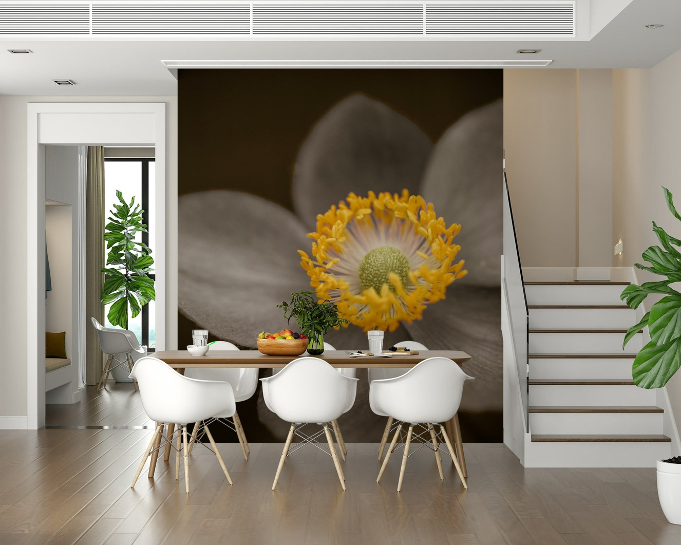 Sunlit Floral Essence, monochrome flower wall mural with bright center.