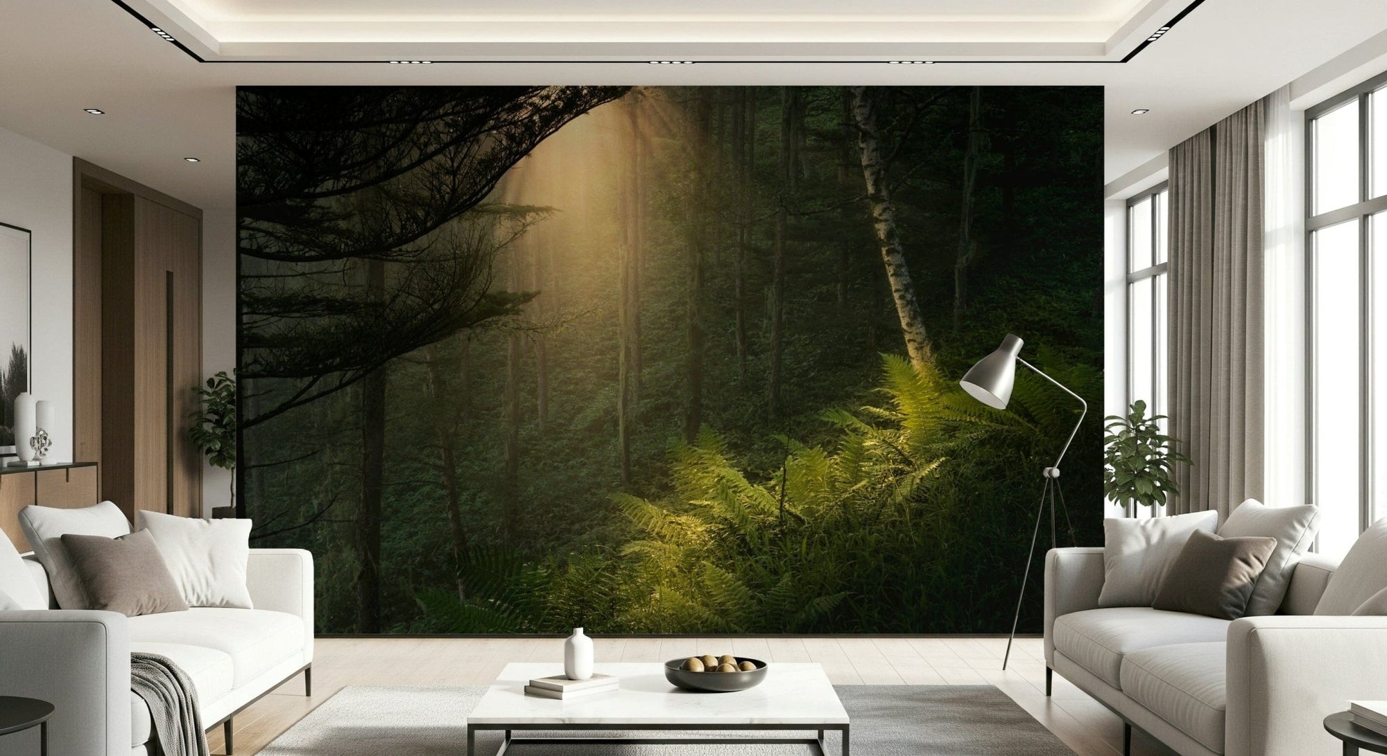 Living room warmed by a Sunlit Forest wall mural with soft beams and deep green woods, GD7068