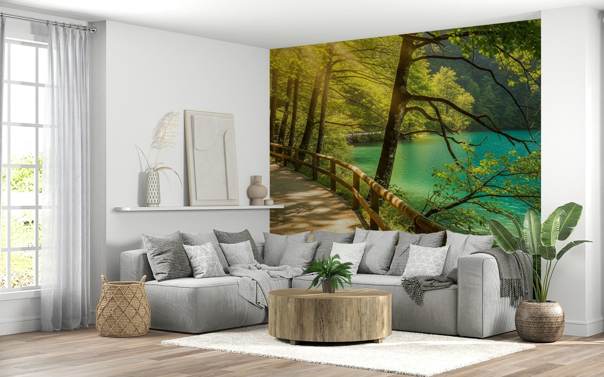 Sunlit Lakeside Path Wall Mural