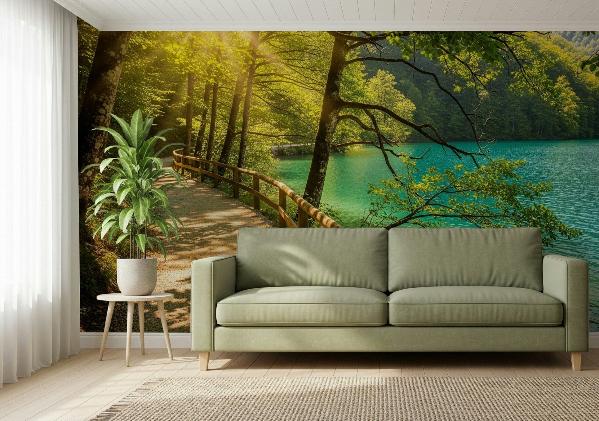 Sunlit Lakeside Path Wall Mural