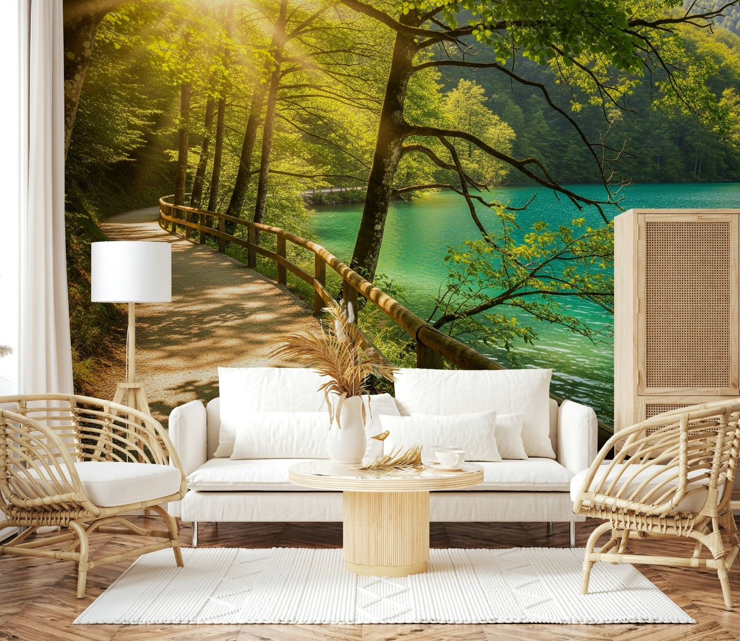 Sunlit Lakeside Path Wall Mural