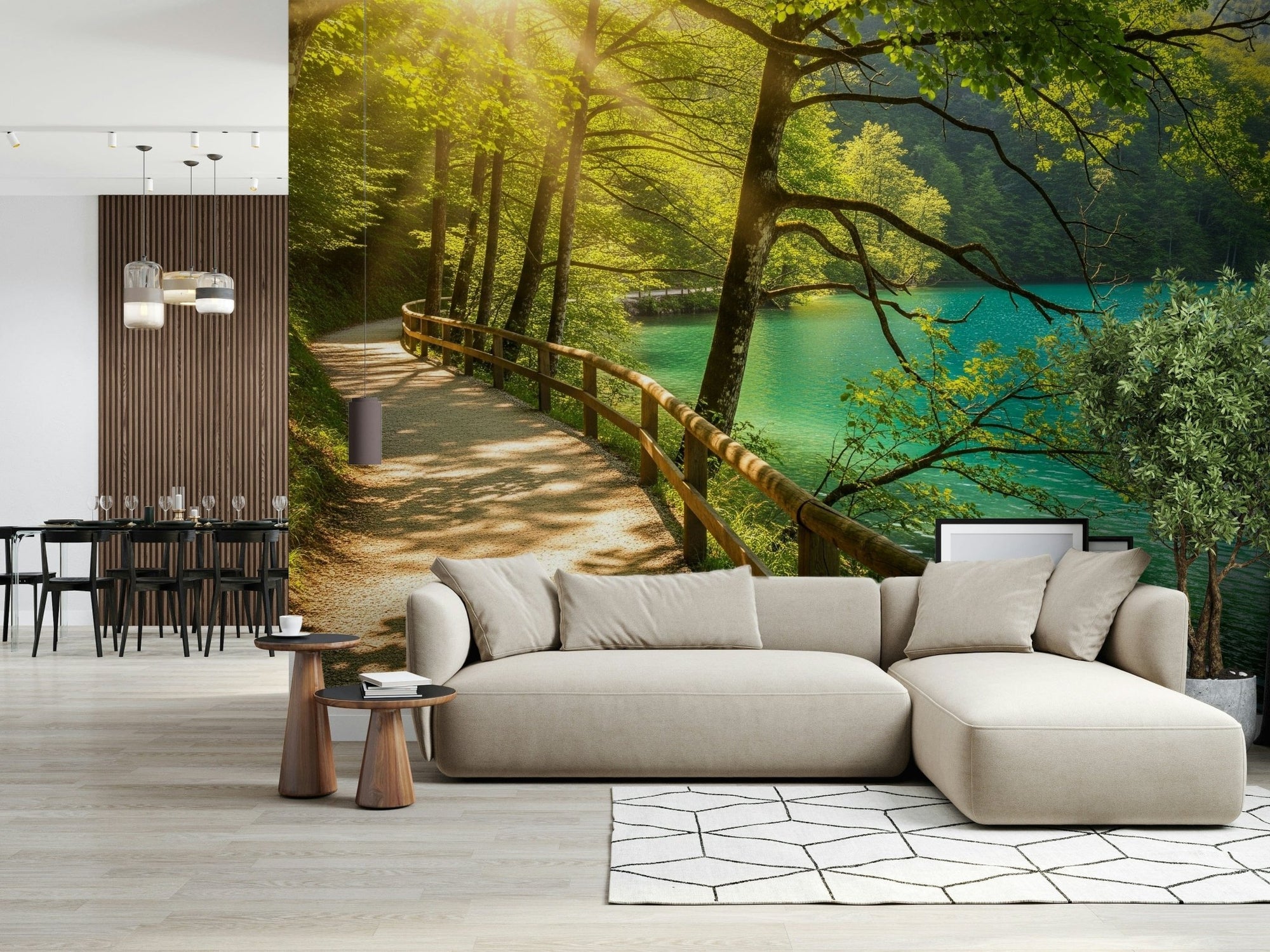 Sunlit Lakeside Path Wall Mural in a spacious modern living room wallpaper, GD7804