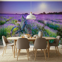 Soft morning light lavender wall mural in a contemporary dining space.