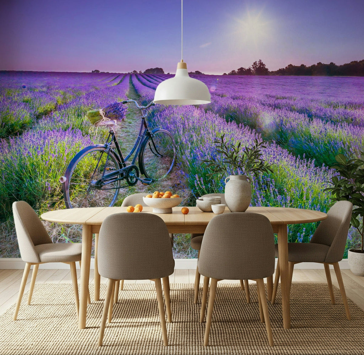 Soft morning light lavender wall mural in a contemporary dining space., GD7739