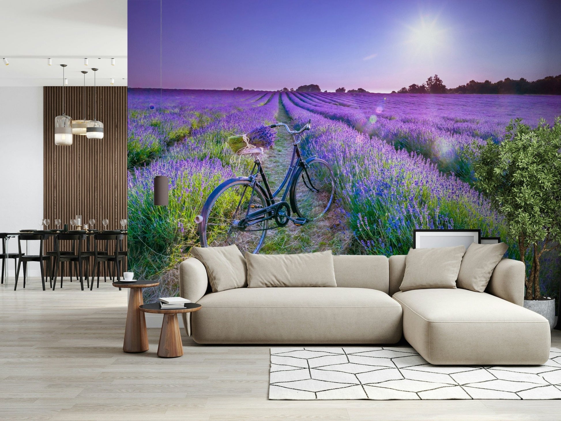 Sunlit Lavender Escape Wall Mural used as a hallway perspective wallpaper.