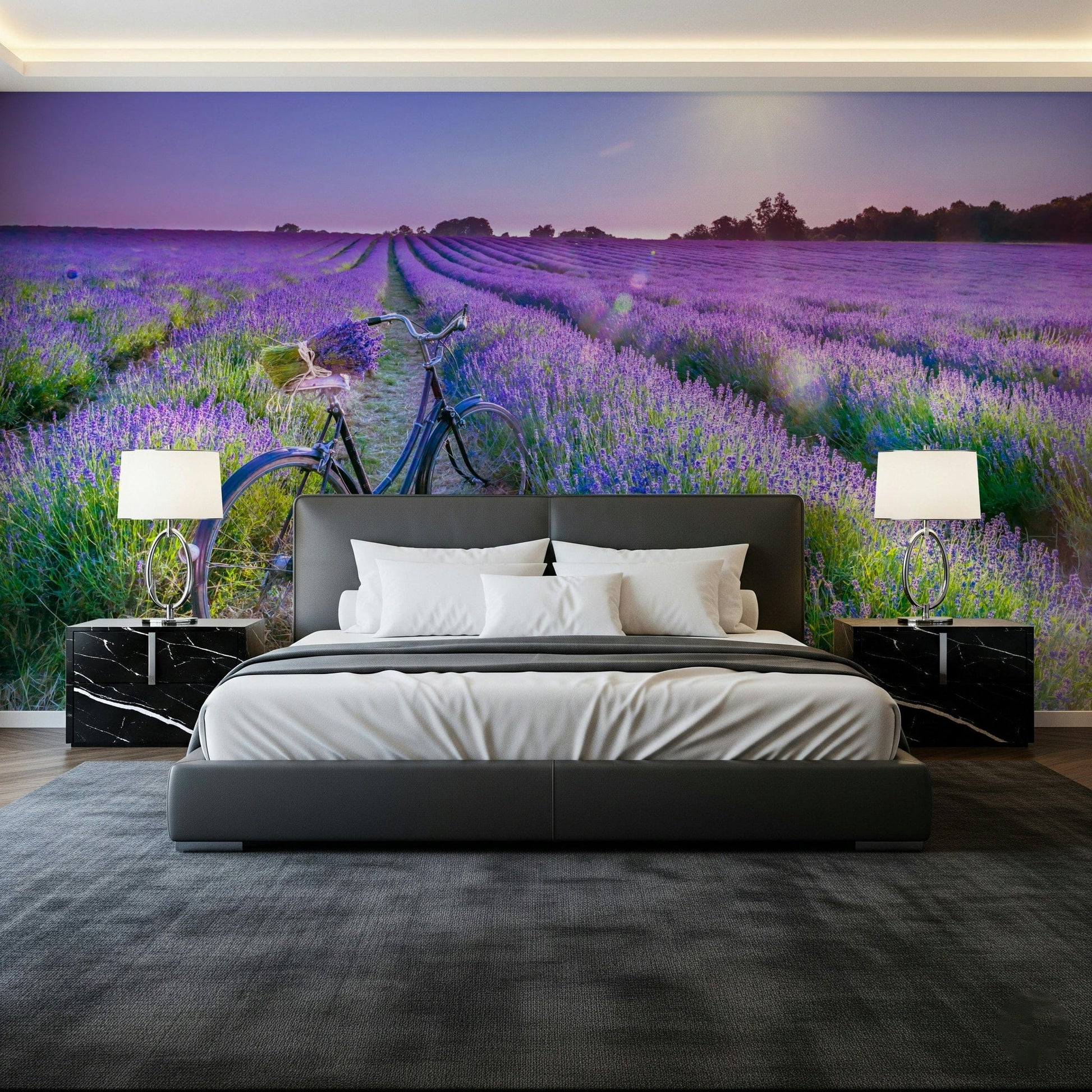 Detailed lavender row wall mural in a minimalist guest room or study.