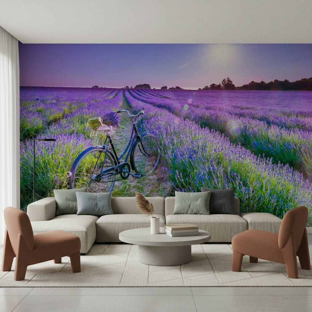 Vibrant violet flower scene wall mural for a relaxing lounge atmosphere.