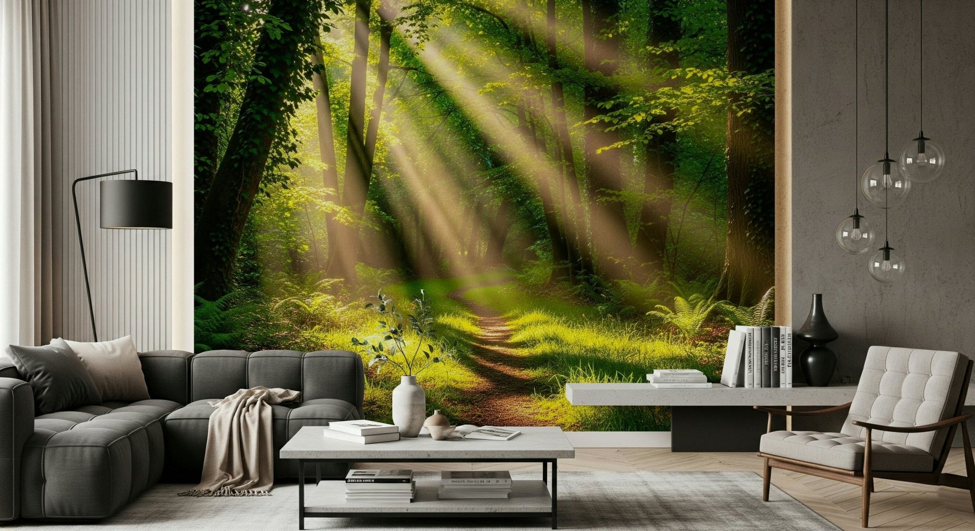 Sunlit Path Wall Mural wallpaper mural with a realistic forest view.