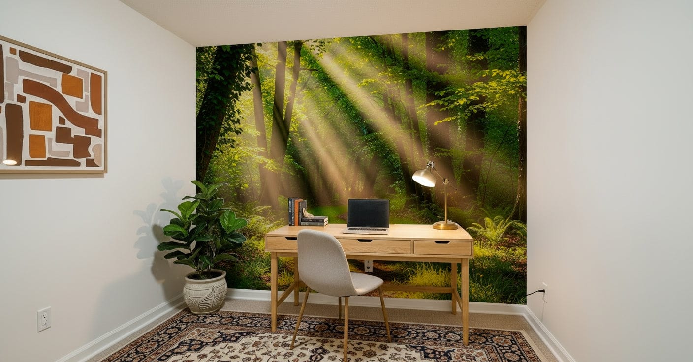 Woodland scenery wallpaper mural for a calm office feature wall