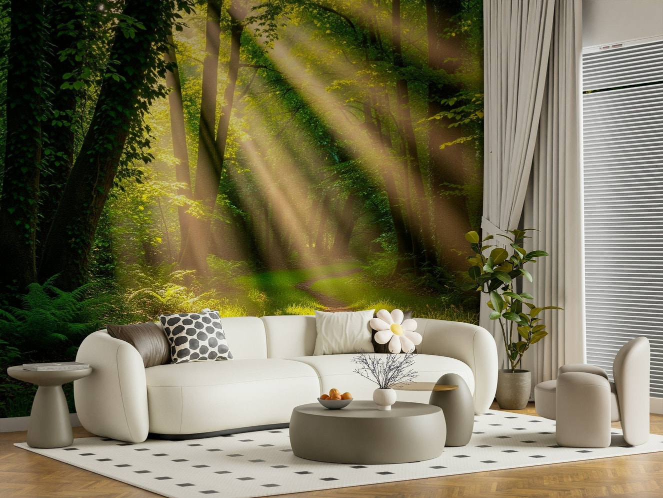 Sunlit Path Wall Mural wallpaper mural in a bright living room.