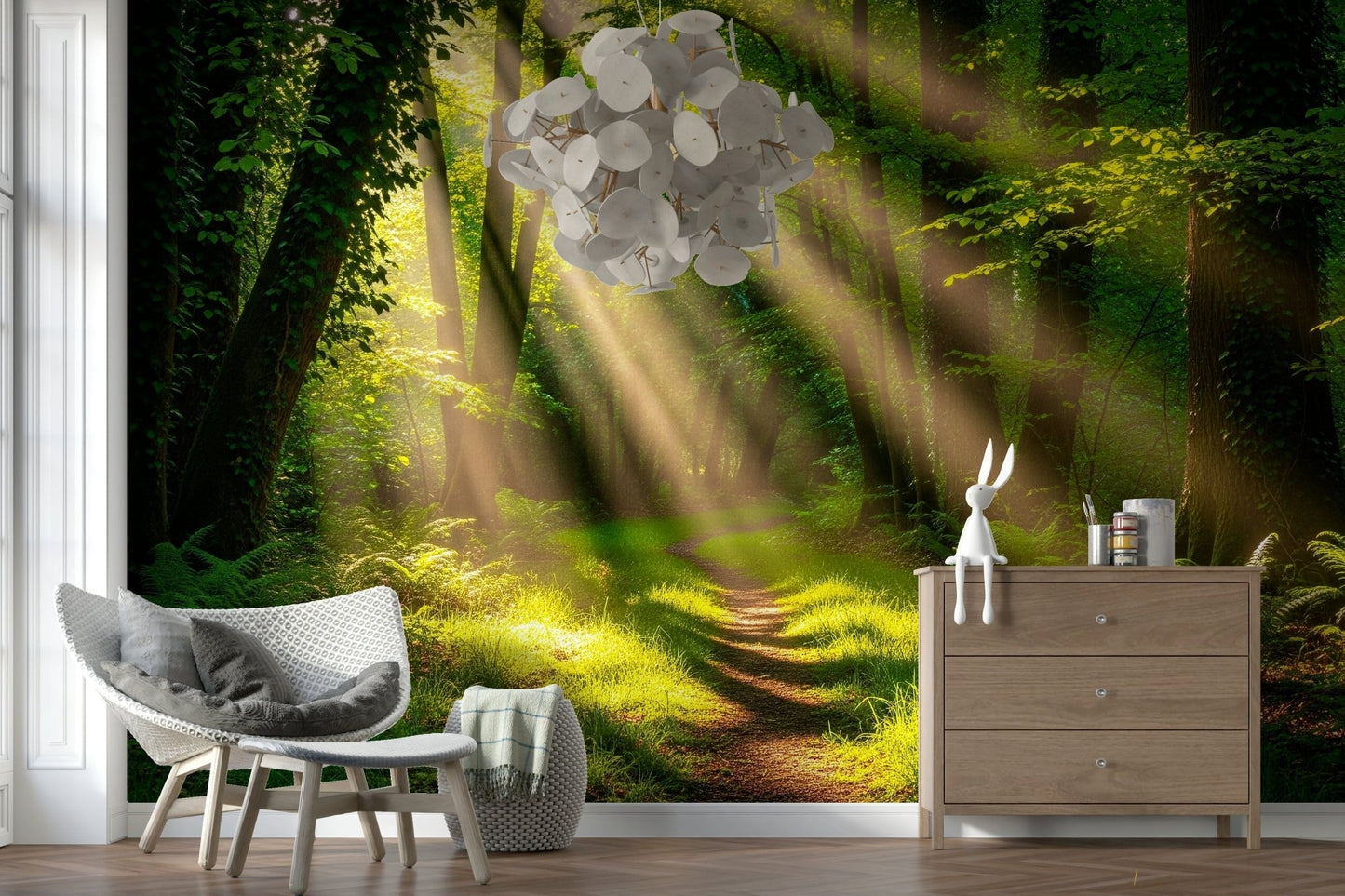 Nature inspired wallpaper mural for a peaceful apartment interior.