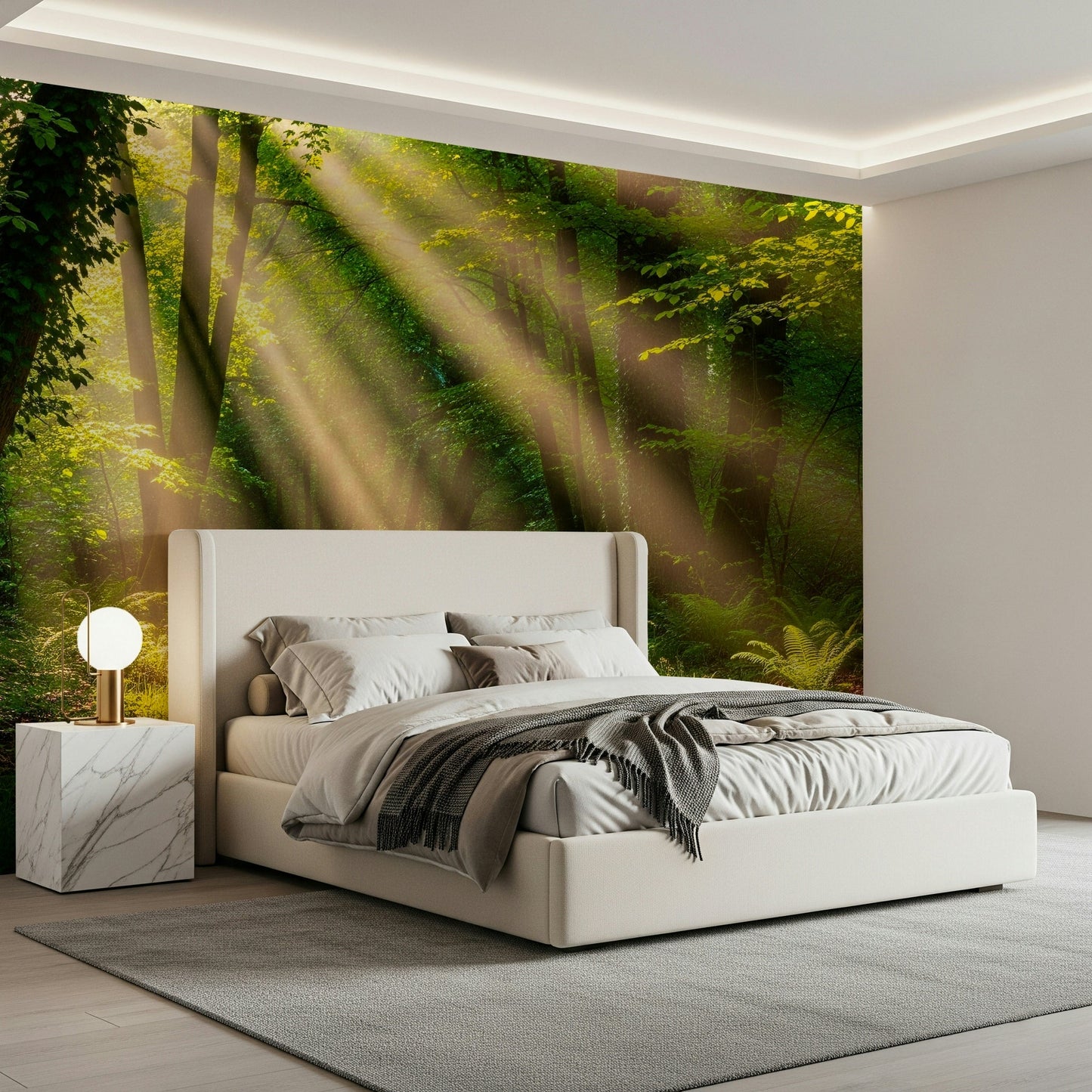 Sunlit Path Wall Mural wallpaper mural with green and gold colour.