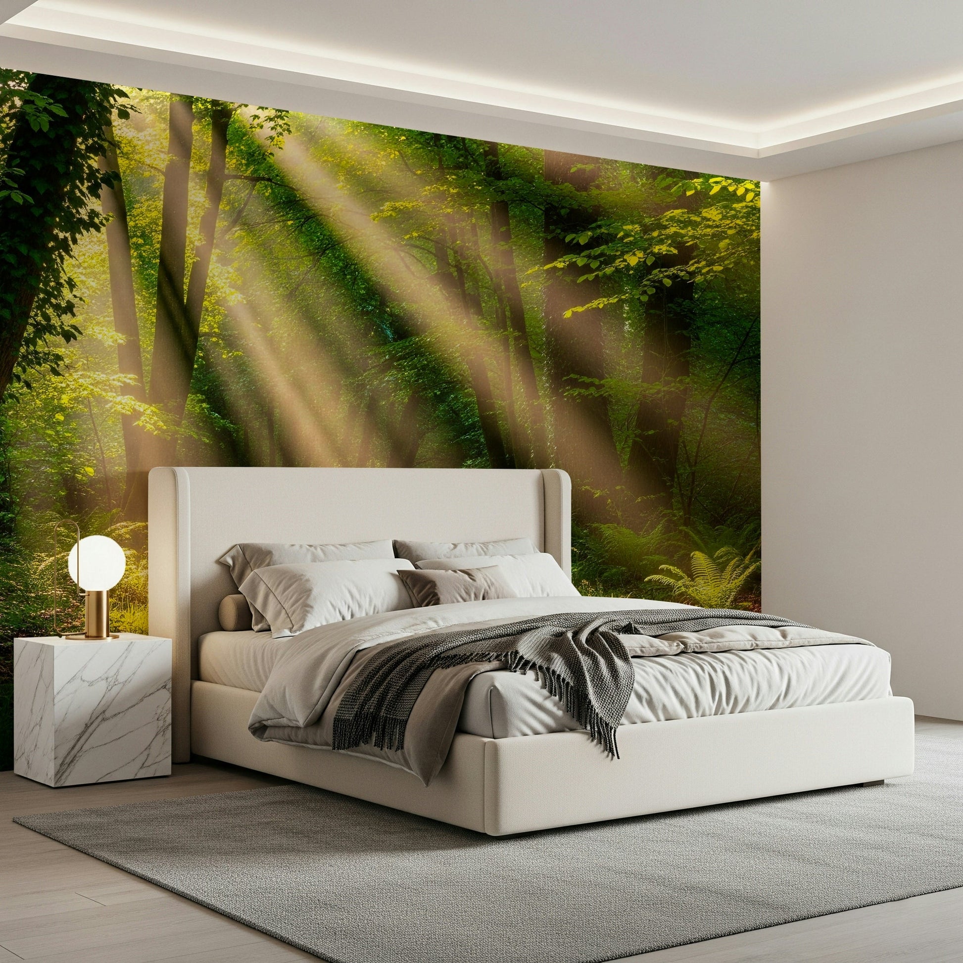 Sunlit Path Wall Mural wallpaper mural with green and gold colour.