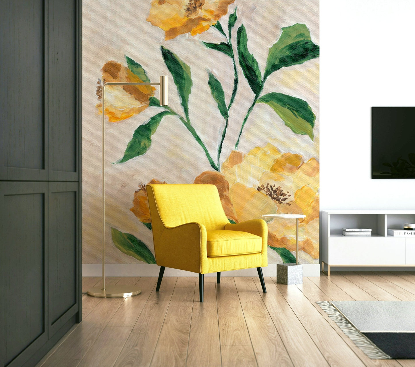 Sunlit bloom mural for serene living room decor

