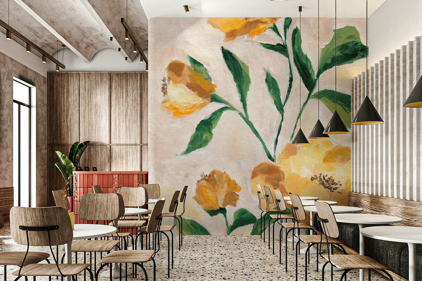 Soft pastel flower mural with sunshine glow

