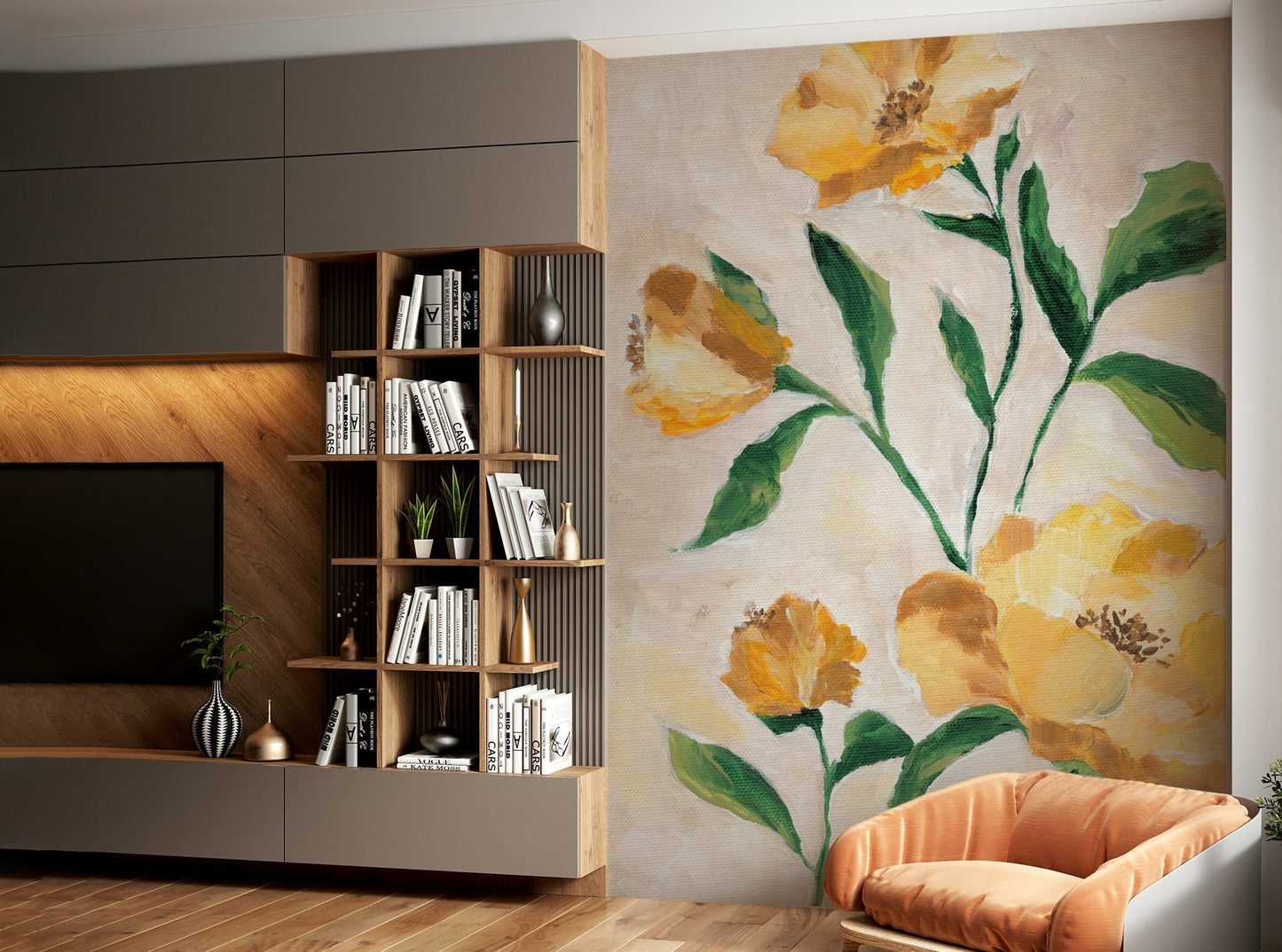 Cozy bedroom wall with sunlit floral mural


