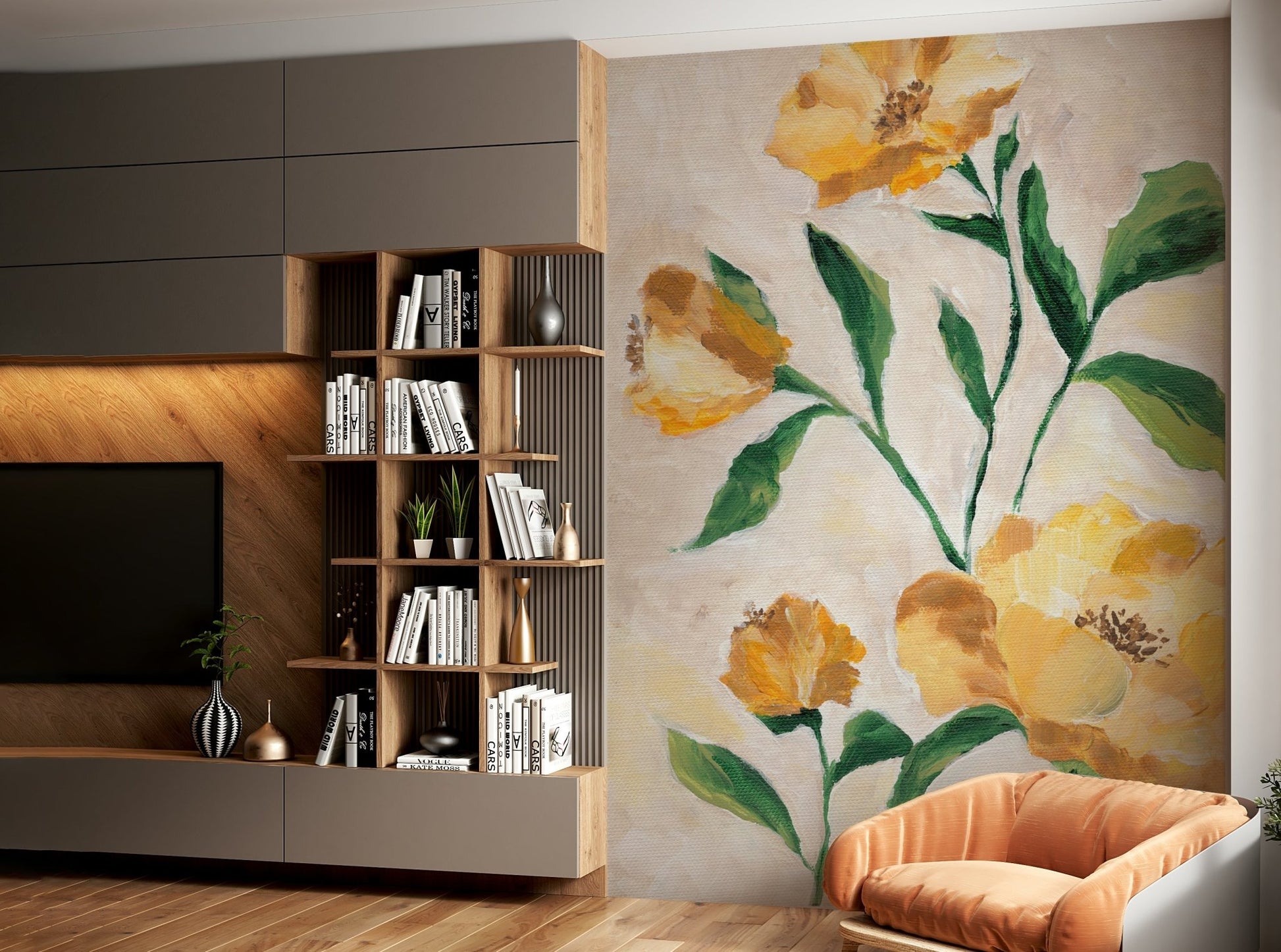 Cozy bedroom wall with sunlit floral mural

