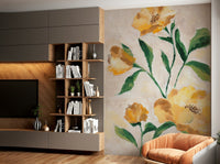 Cozy bedroom wall with sunlit floral mural


