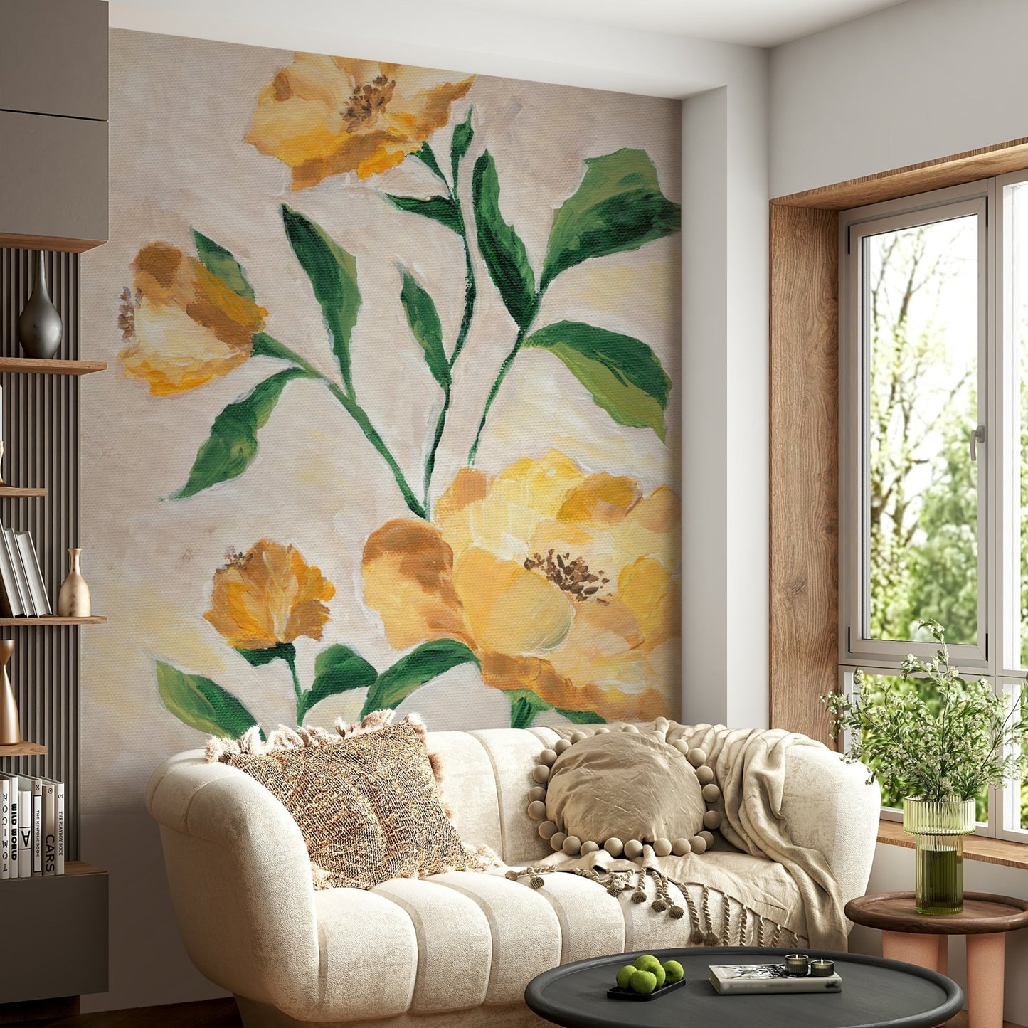 Botanical mural featuring sunlit flower petals

