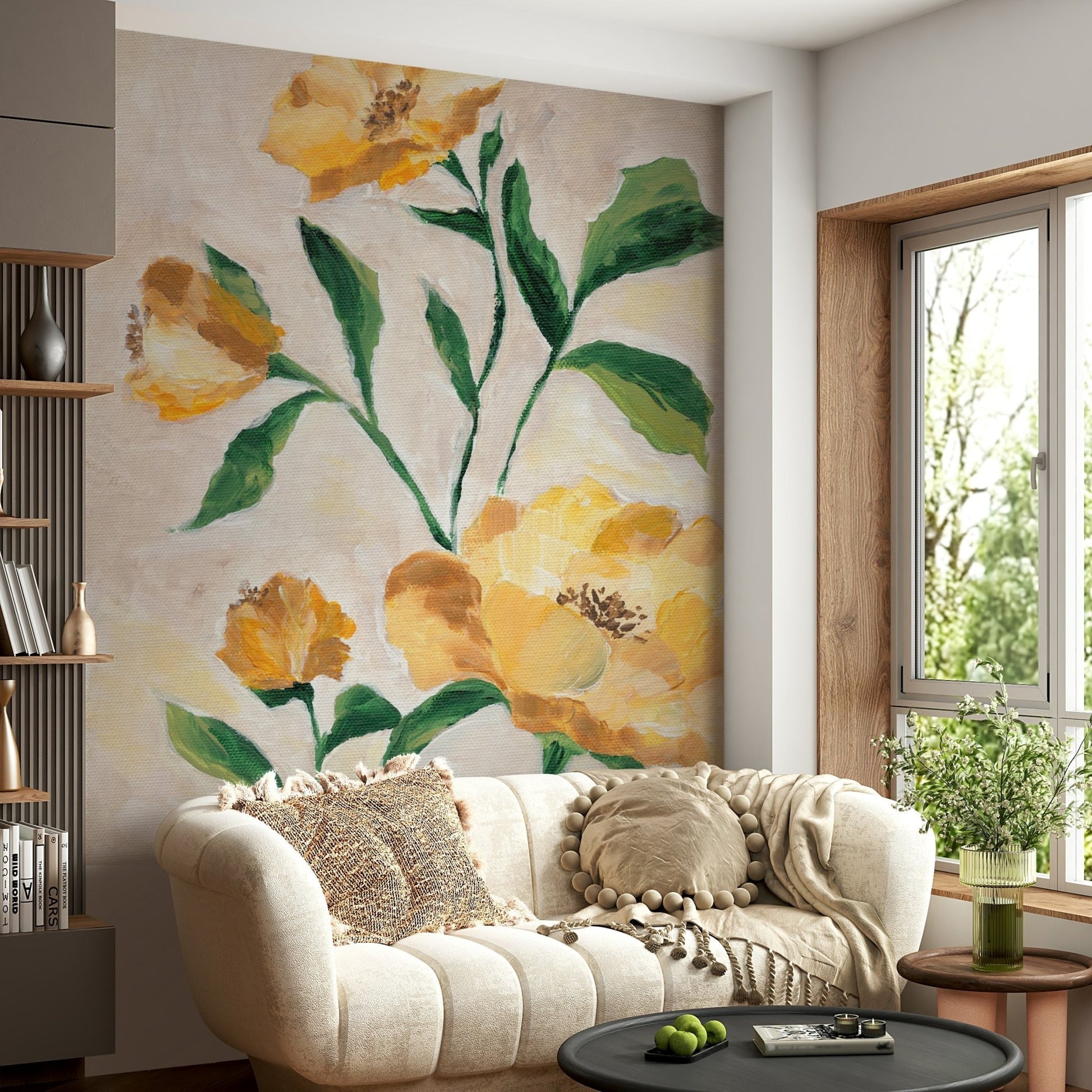 Botanical mural featuring sunlit flower petals


