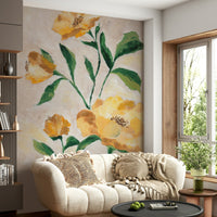 Botanical mural featuring sunlit flower petals


