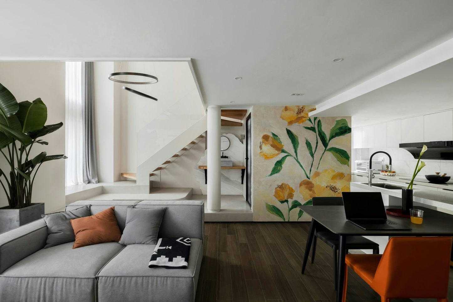 Bright floral mural with soft radiant highlights

