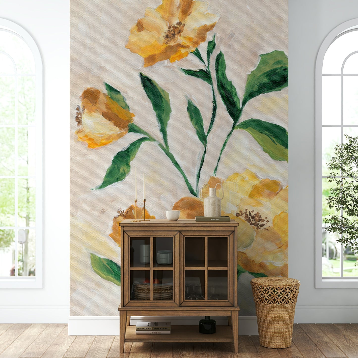 Artistic flower petal mural in glowing sunlight

