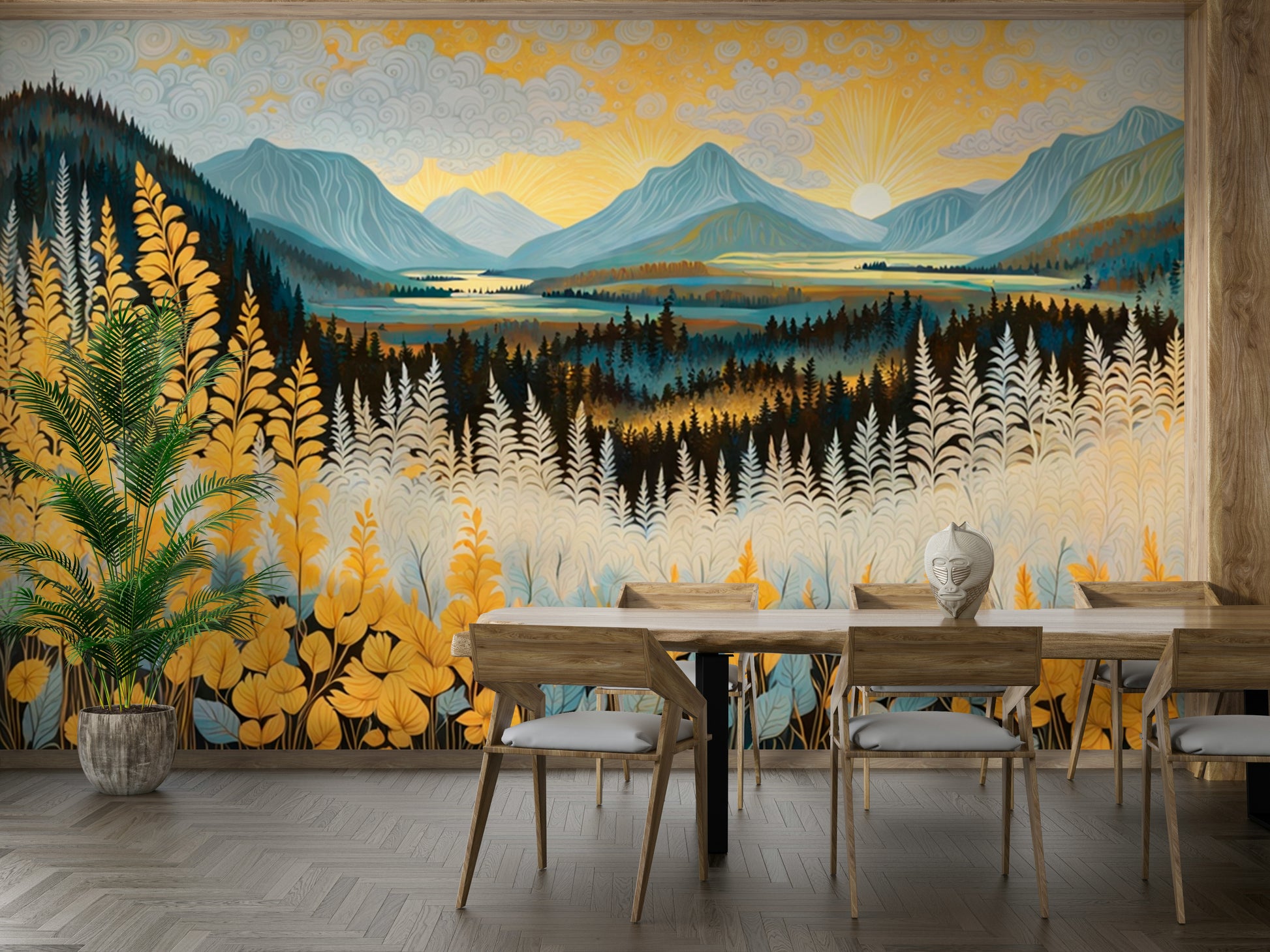 A peaceful wall mural with an elegant mountain landscape.

