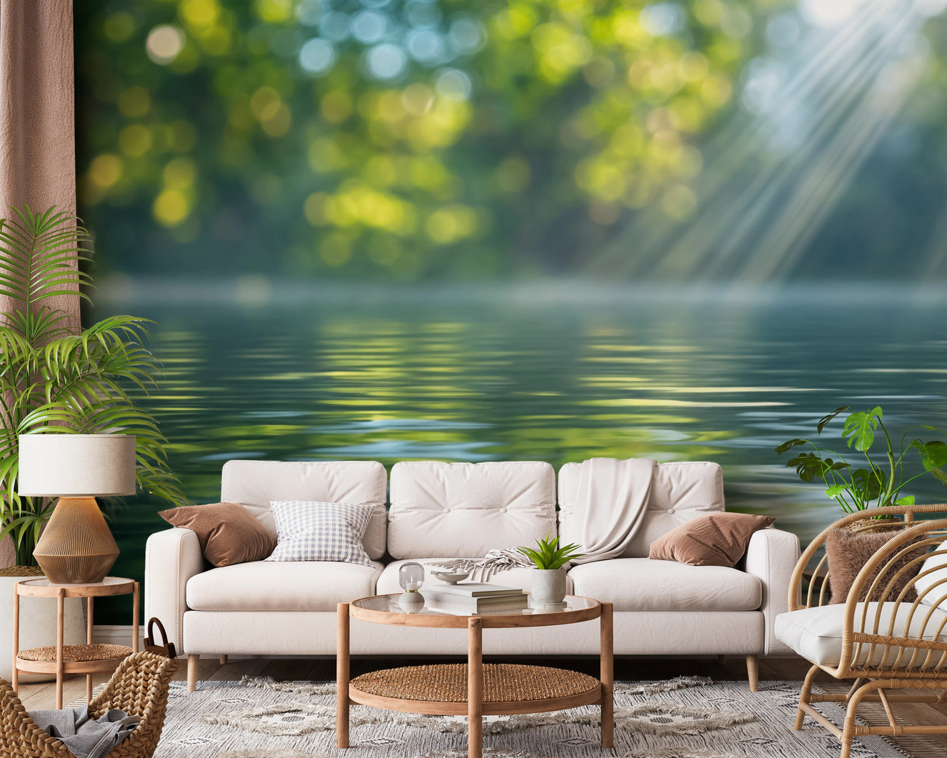 Sunlit water wall mural with soft green tones