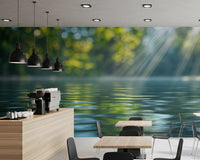 Nature water wall mural with soft sunlight