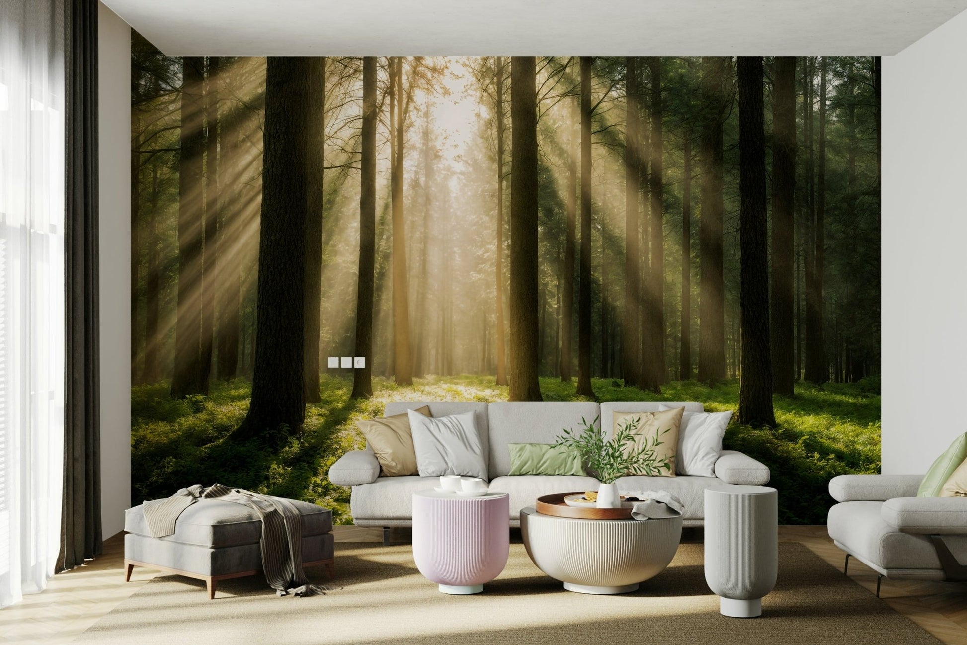A wide shot of a wall mural showing a serene, sunlit forest.
