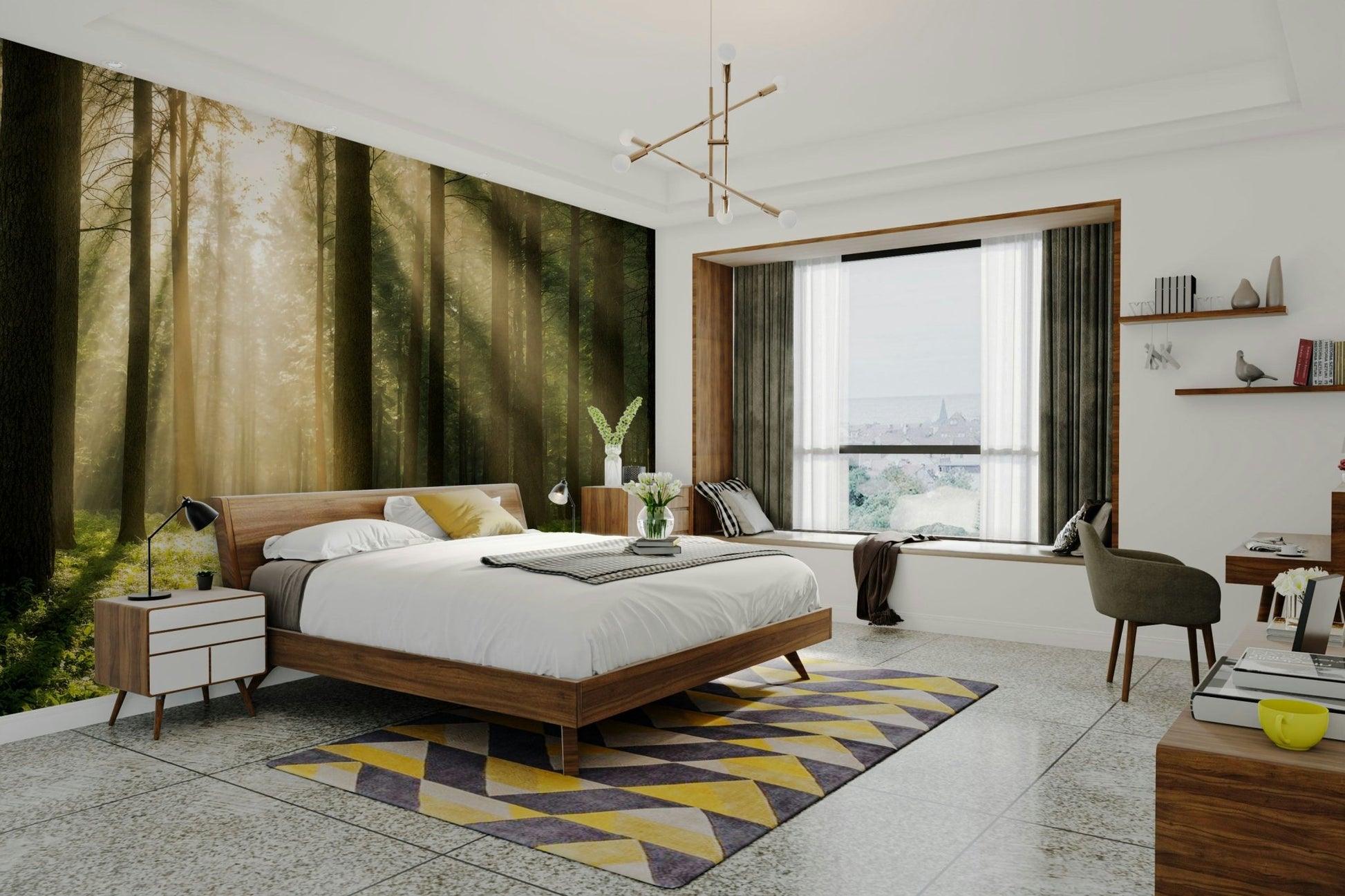 Beams of light shine on a tree trunk in a tranquil forest scene.

