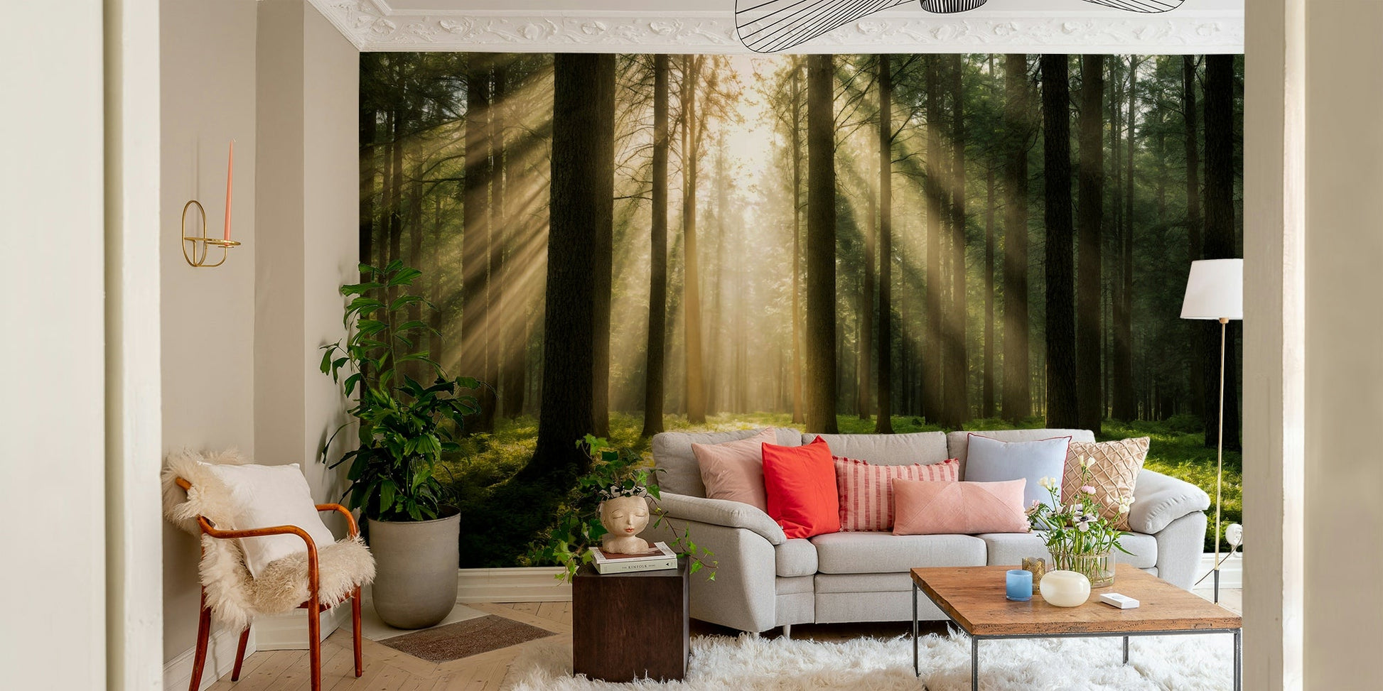 The texture of green moss and fallen leaves on the path.

