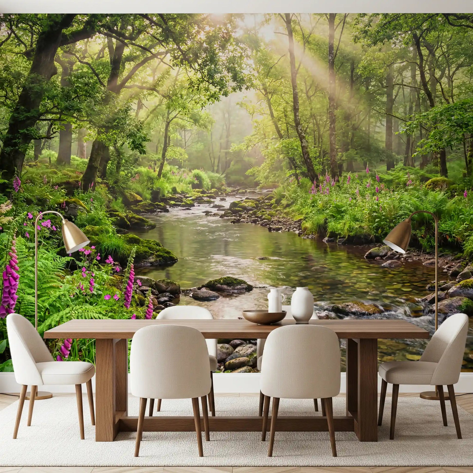 Dining room featuring Sunlit Woodland Stream wall mural and flowing creek view, GD9269