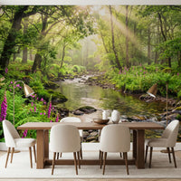 Dining room featuring Sunlit Woodland Stream wall mural and flowing creek view, GD9269