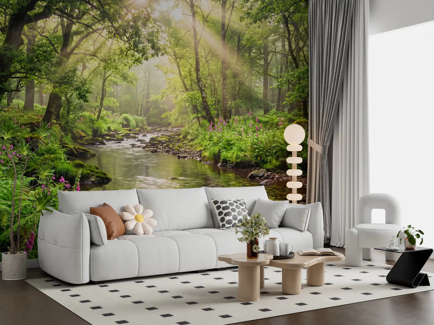 Nature-inspired wall mural with Sunlit Woodland Stream and mossy stones, GD9269